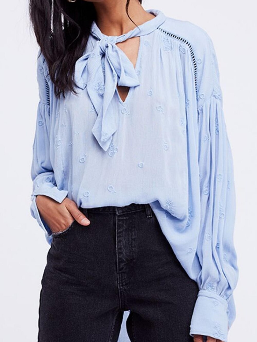 Free People Wishful Moments Tie Neck Blue Embroidered Long Sleeve Blouse